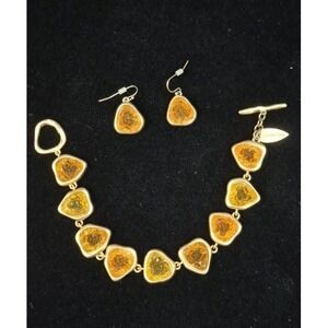 Vtg Coldwater Creek Faux Druzy Resin Bracelet & Earrings Set Amber Gold Tone 7.2